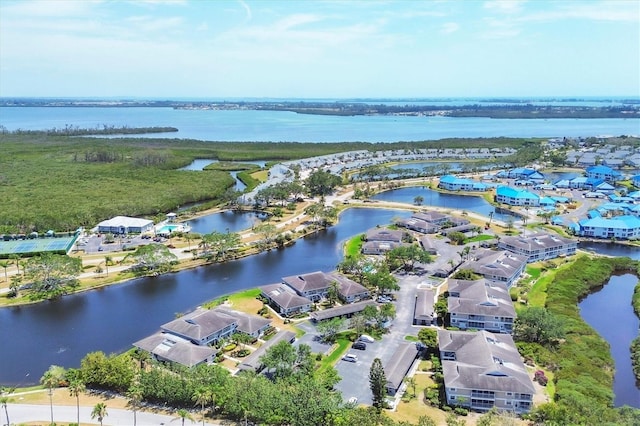 aerial view featuring a water view and a residential view