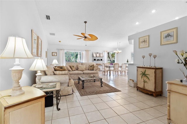 4610 Runabout Way, Bradenton, FL 34203 - living area with ceiling fan, light tile patterned floors, recessed lighting, and a chandelier