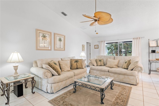 4610 Runabout Way, Bradenton, FL 34203 - living room featuring light tile patterned floors, vaulted ceiling, and a ceiling fan