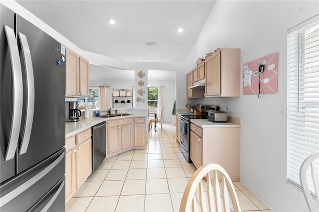 4610 Runabout Way, Bradenton, FL 34203 - kitchen featuring freestanding refrigerator, electric range oven, light brown cabinets, a sink, and recessed lighting