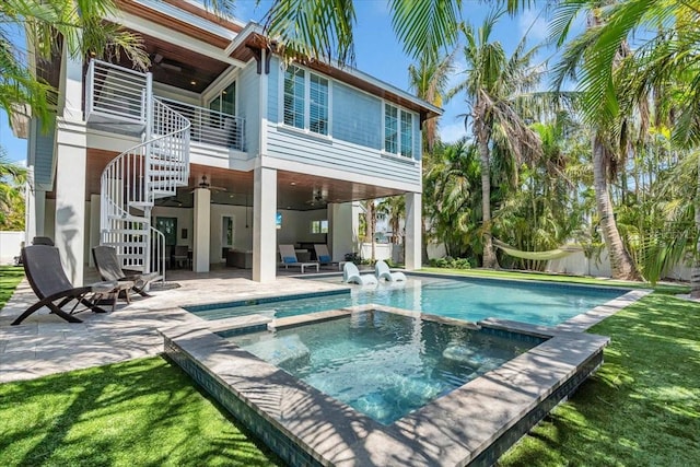 222 Willow Ave, Anna Maria, FL 34216 - rear view of property with ceiling fan, a patio, an outdoor living space, a yard, and stairway