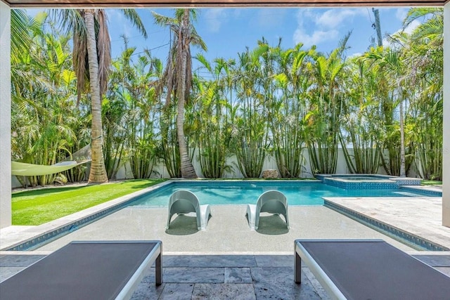 222 Willow Ave, Anna Maria, FL 34216 - view of swimming pool with a fenced in pool, a patio, an in ground hot tub, and a fenced backyard