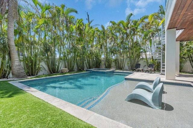 222 Willow Ave, Anna Maria, FL 34216 - view of swimming pool with a fenced backyard, stairs, a patio, and a pool with connected hot tub