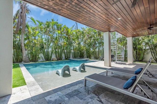 222 Willow Ave, Anna Maria, FL 34216 - view of pool with stairs, a ceiling fan, a patio area, and a pool with connected hot tub