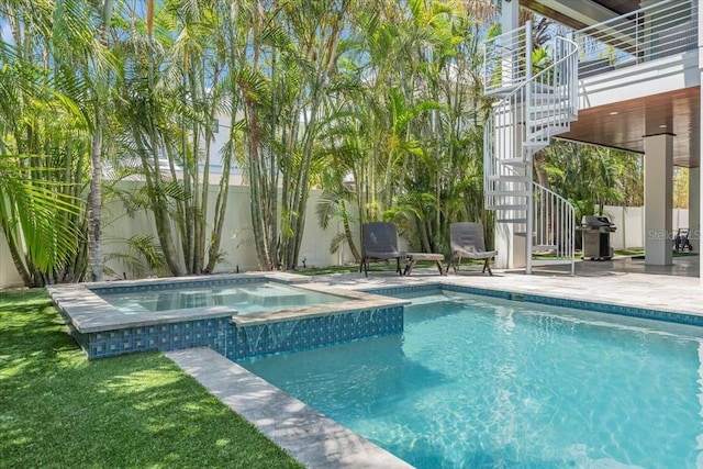 222 Willow Ave, Anna Maria, FL 34216 - view of pool featuring grilling area, a fenced backyard, stairs, a patio area, and a lawn