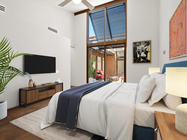 bedroom with high vaulted ceiling, access to outside, and a ceiling fan