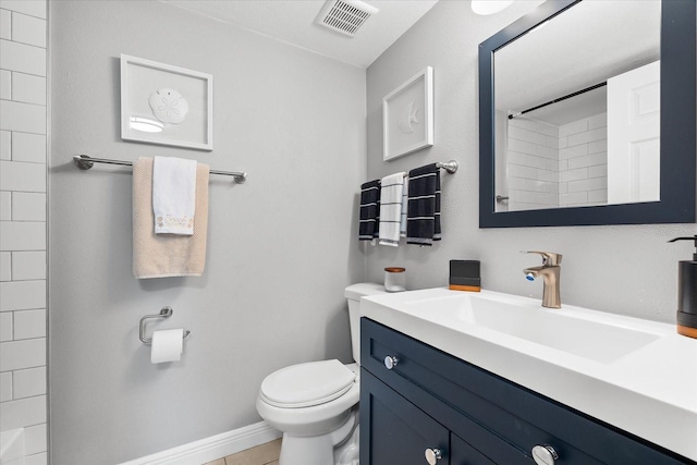 full bathroom with vanity, toilet, visible vents, and a shower