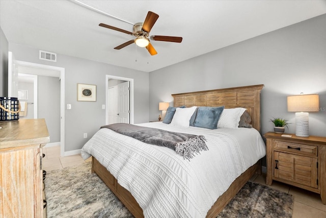 bedroom with visible vents, a ceiling fan, baseboards, and light tile patterned floors