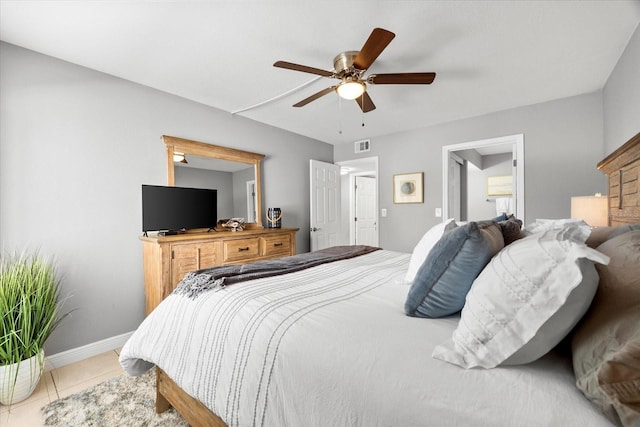 tiled bedroom with baseboards, ceiling fan, ensuite bath, and visible vents