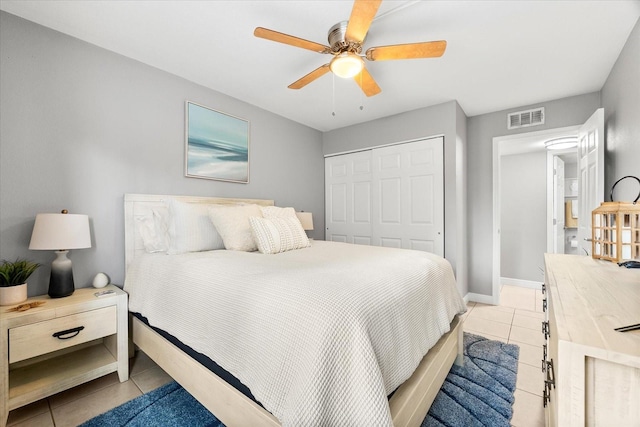 tiled bedroom featuring visible vents, a ceiling fan, baseboards, and a closet