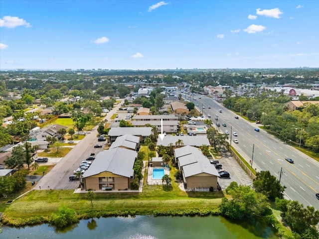 bird's eye view with a water view