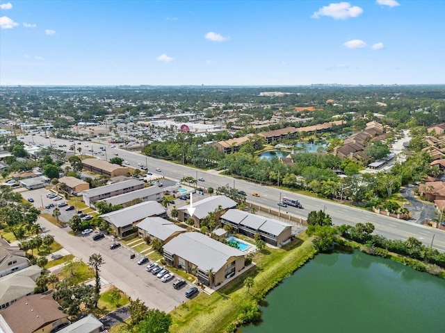 aerial view with a water view and a residential view