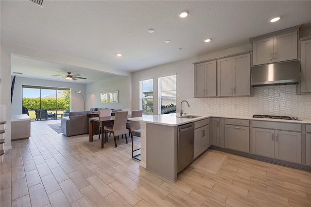 kitchen with stainless steel appliances, gray cabinetry, and under cabinet range hood