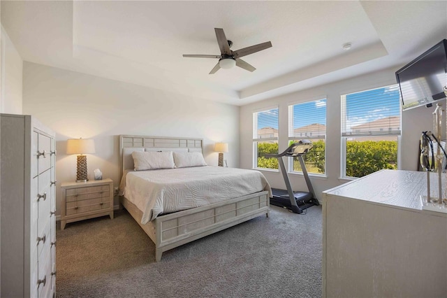 bedroom with a raised ceiling, carpet, and ceiling fan