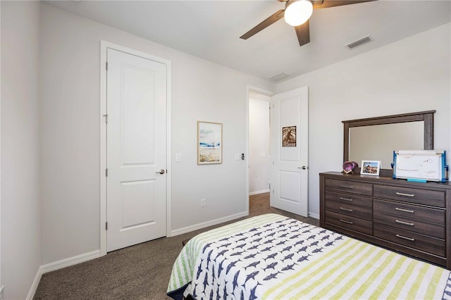 bedroom featuring visible vents, carpet flooring, baseboards, and a ceiling fan