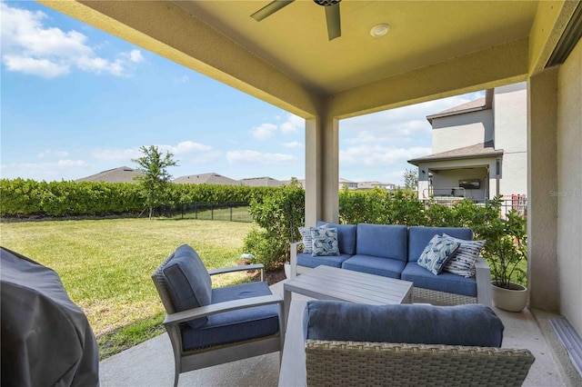 view of patio / terrace with fence, outdoor lounge area, a ceiling fan, and a grill