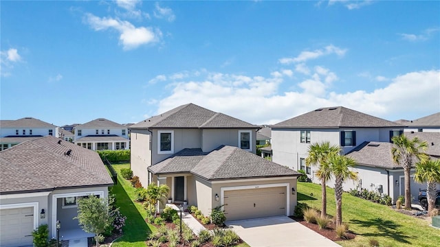 traditional home featuring a front lawn, a residential view, stucco siding, an attached garage, and driveway