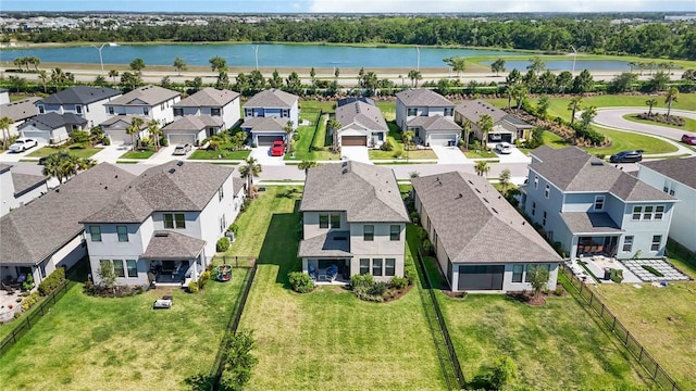 bird's eye view featuring a water view and a residential view