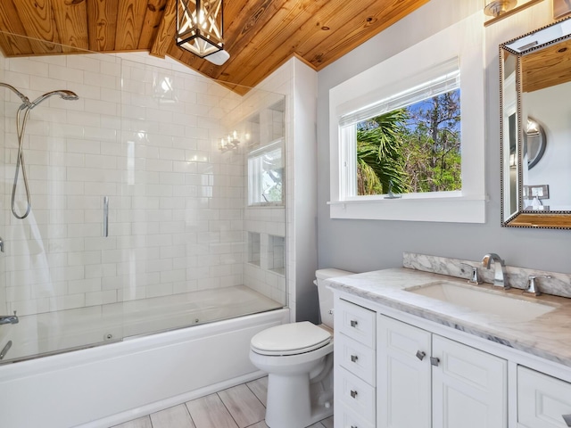 8871 Fishermens Bay Dr, Sarasota, FL 34231 - full bathroom featuring wooden ceiling, toilet, vanity, bath / shower combo with glass door, and lofted ceiling