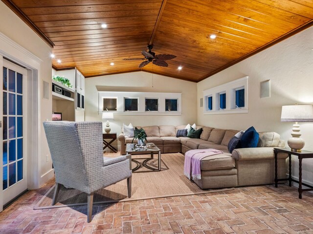 8871 Fishermens Bay Dr, Sarasota, FL 34231 - living room featuring ceiling fan, brick floor, vaulted ceiling, and wood ceiling