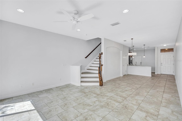 288 Crew Ct, Sarasota, FL 34243 - unfurnished living room with visible vents, a ceiling fan, stairs, and recessed lighting