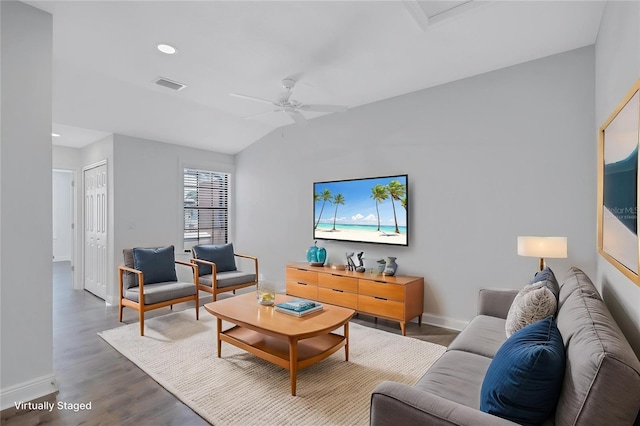 288 Crew Ct, Sarasota, FL 34243 - living area featuring baseboards, a ceiling fan, wood finished floors, and visible vents