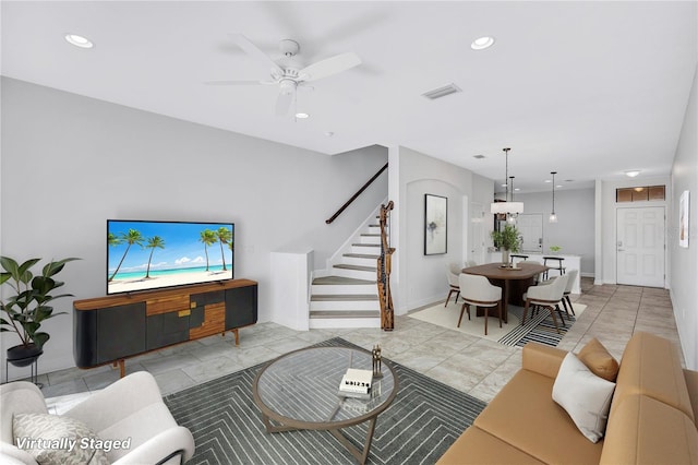 288 Crew Ct, Sarasota, FL 34243 - living area with visible vents, baseboards, stairway, recessed lighting, and a ceiling fan