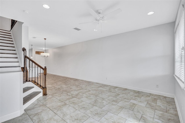 288 Crew Ct, Sarasota, FL 34243 - spare room featuring baseboards, a ceiling fan, stairs, and visible vents