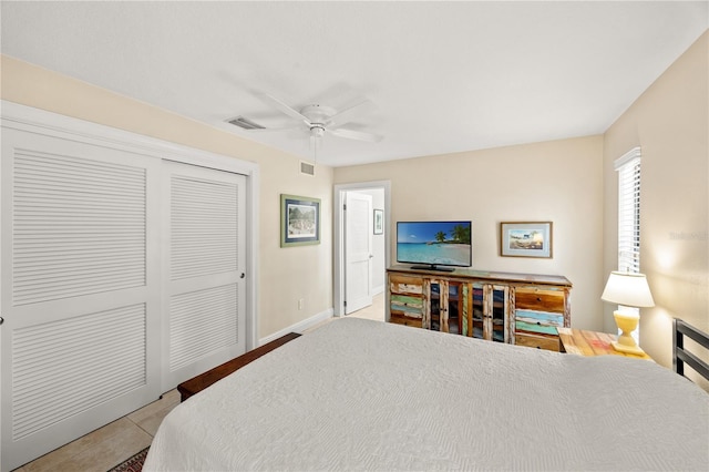 bedroom with a closet, a ceiling fan, baseboards, and visible vents