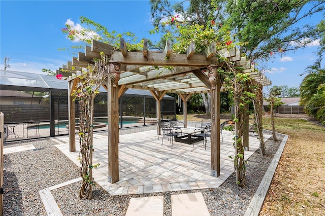 view of patio / terrace featuring a fenced in pool, a lanai, a pergola, and fence private yard