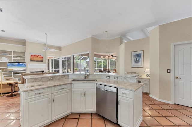 kitchen with dishwasher, a sink, light tile patterned floors, white cabinetry, and ceiling fan