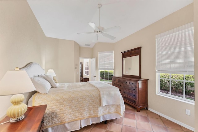 bedroom featuring baseboards, light tile patterned floors, and ceiling fan