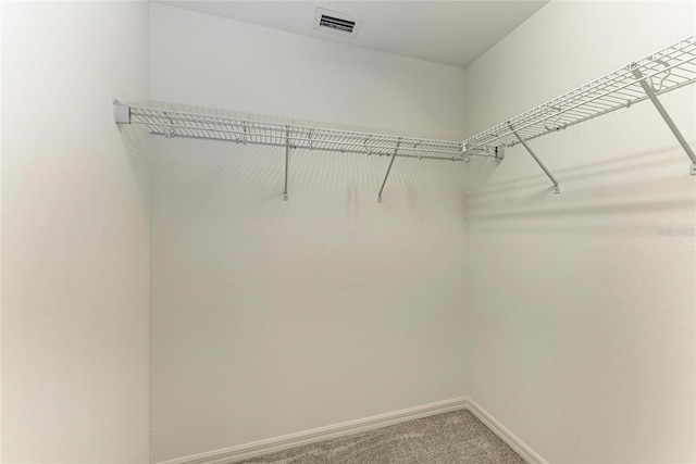 spacious closet featuring visible vents and carpet floors
