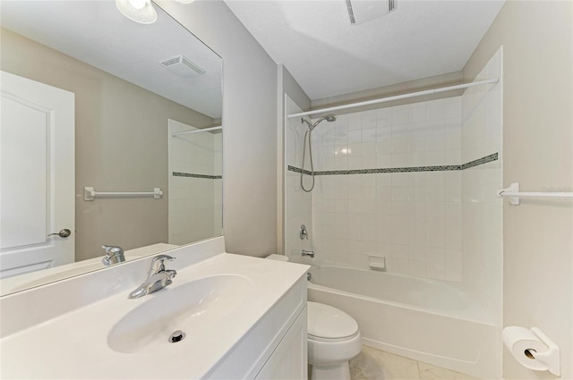 full bathroom with toilet, visible vents, vanity, and  shower combination