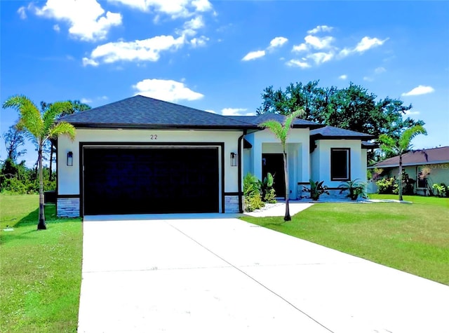 22 Medalist Cir, Rotonda West, FL 33947 - view of front facade featuring a front yard, concrete driveway, a garage, and stucco siding