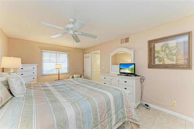bedroom with visible vents, baseboards, ceiling fan, and light tile patterned floors