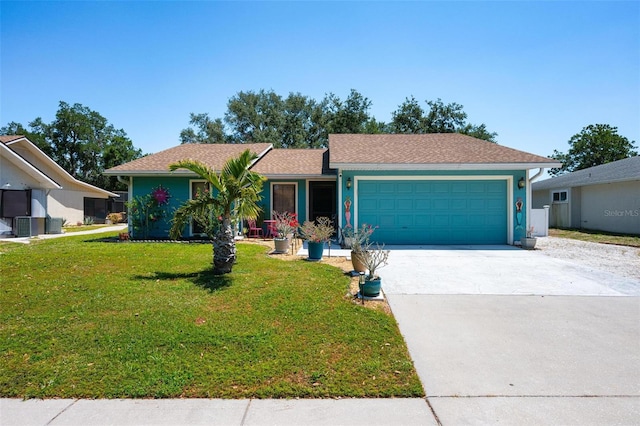4219 Berkshire Dr, Sarasota, FL 34241 - ranch-style house featuring cooling unit, an attached garage, a front lawn, and concrete driveway
