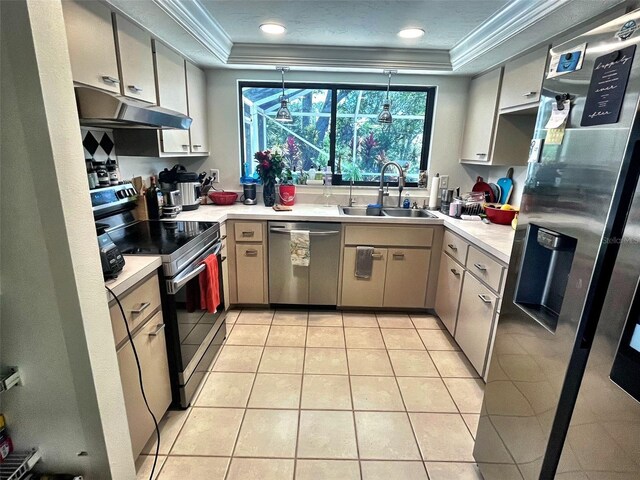 4219 Berkshire Dr, Sarasota, FL 34241 - kitchen featuring crown molding, a sink, stainless steel appliances, a tray ceiling, and under cabinet range hood