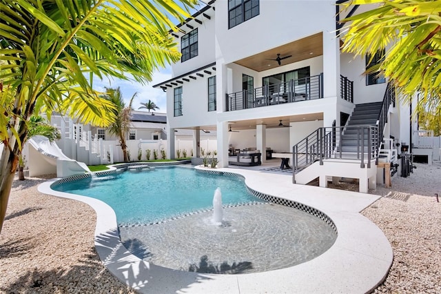 723 S Blvd Of The Presidents, Sarasota, FL 34236 - view of swimming pool with a fenced backyard, stairway, an outdoor living space, and ceiling fan