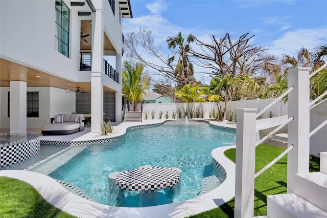 723 S Blvd Of The Presidents, Sarasota, FL 34236 - view of swimming pool featuring an outdoor living space, a fenced backyard, a ceiling fan, and a fenced in pool