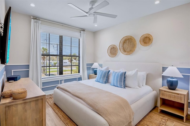 723 S Blvd Of The Presidents, Sarasota, FL 34236 - bedroom with a ceiling fan, light wood-style floors, and recessed lighting