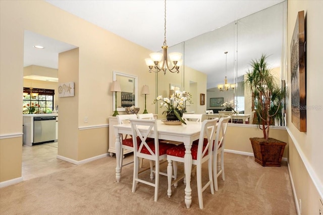 7639 Fairway Woods Dr Unit 605, Sarasota, FL 34238 - dining room featuring light colored carpet, baseboards, and a chandelier