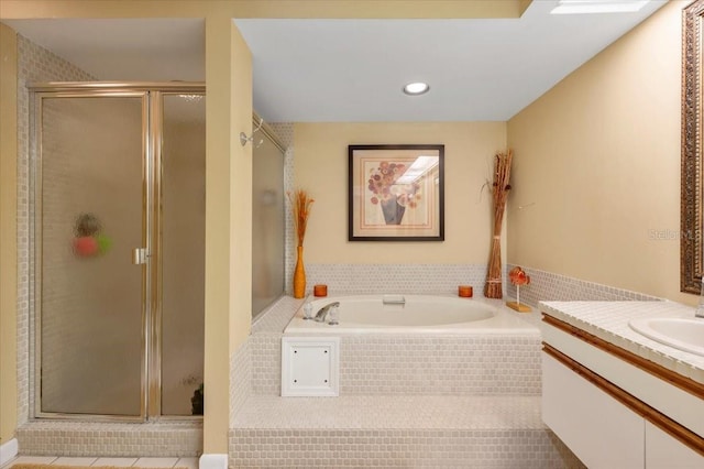 7639 Fairway Woods Dr Unit 605, Sarasota, FL 34238 - full bath with a bath, vanity, tile patterned flooring, and a stall shower