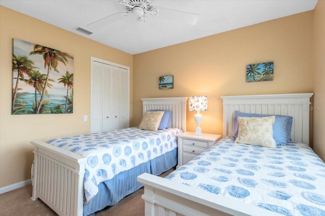 7639 Fairway Woods Dr Unit 605, Sarasota, FL 34238 - carpeted bedroom with baseboards, a ceiling fan, visible vents, and a closet
