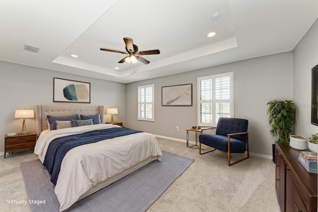 2084 La Palma Ave, Port Charlotte, FL 33953 - bedroom with baseboards, a raised ceiling, recessed lighting, light carpet, and ceiling fan