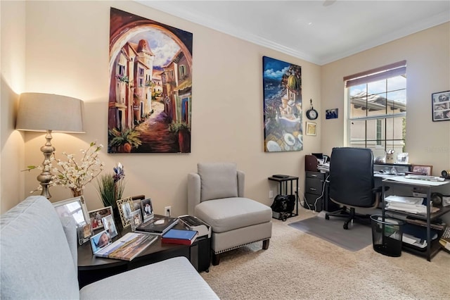 carpeted office space with crown molding