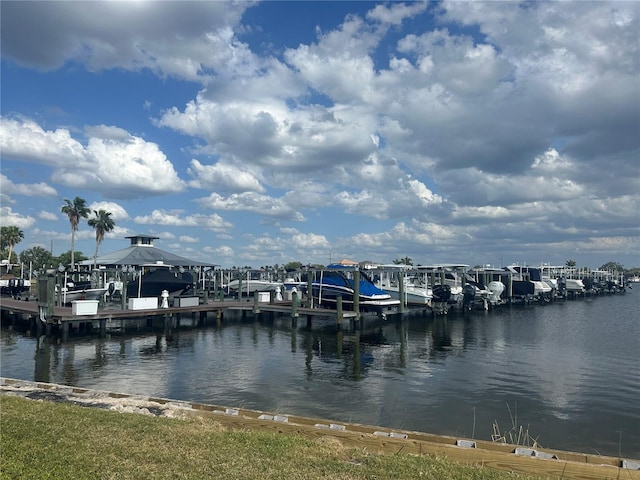 view of dock featuring a water view and boat lift