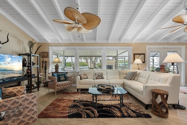 10432 Sandpiper Rd W, Bradenton, FL 34209 - living area featuring lofted ceiling with beams and a ceiling fan