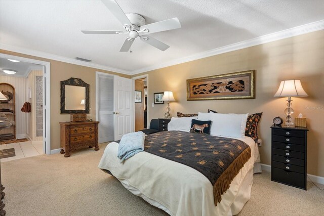 10432 Sandpiper Rd W, Bradenton, FL 34209 - bedroom featuring baseboards, visible vents, light carpet, and crown molding