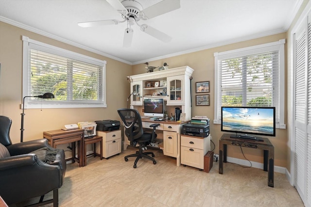 10432 Sandpiper Rd W, Bradenton, FL 34209 - office featuring ornamental molding, a healthy amount of sunlight, and ceiling fan